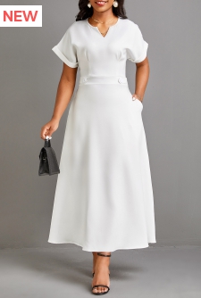 Pocket Split Neck Short Sleeve White Maxi Dress