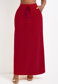 Pocket Wine Red A Line Drawastring Maxi Skirt