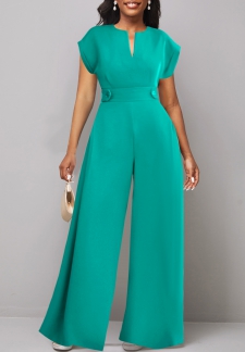 Split Neck Button Mint Green Long Jumpsuit