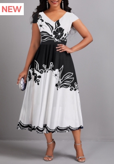 Floral Print Umbrella Hem Black V Neck Dress