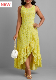 Ruffle Asymmetry Light Yellow A Line Maxi Dress