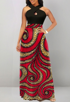 African Tribal Print Cut Out Black Maxi Dress