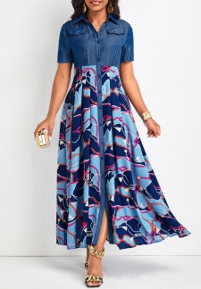 Chain Print Button Denim Blue Maxi Dress