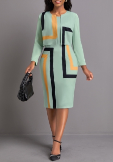 Geometric Print Two Piece Sage Green Dress and Cardigan