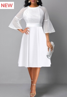 Three Quarter Length Sleeve Mesh White Round Neck Dress