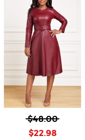 Faux Leather Belted Wine Red Boat Neck Dress