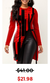 Geometric Print Split Red Round Neck T Shirt