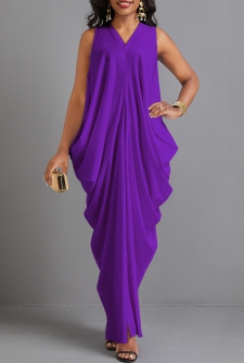 Split O Shape V Neck Purple Maxi Dress