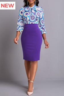 Tribal Print Bowknot Purple Tie Collar Bodycon Dress