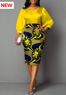 Tribal Print Patchwork Yellow Bodycon Neck Round Dress