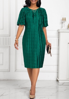 Pleated Round Neck Short Sleeve Green Bodycon Dress