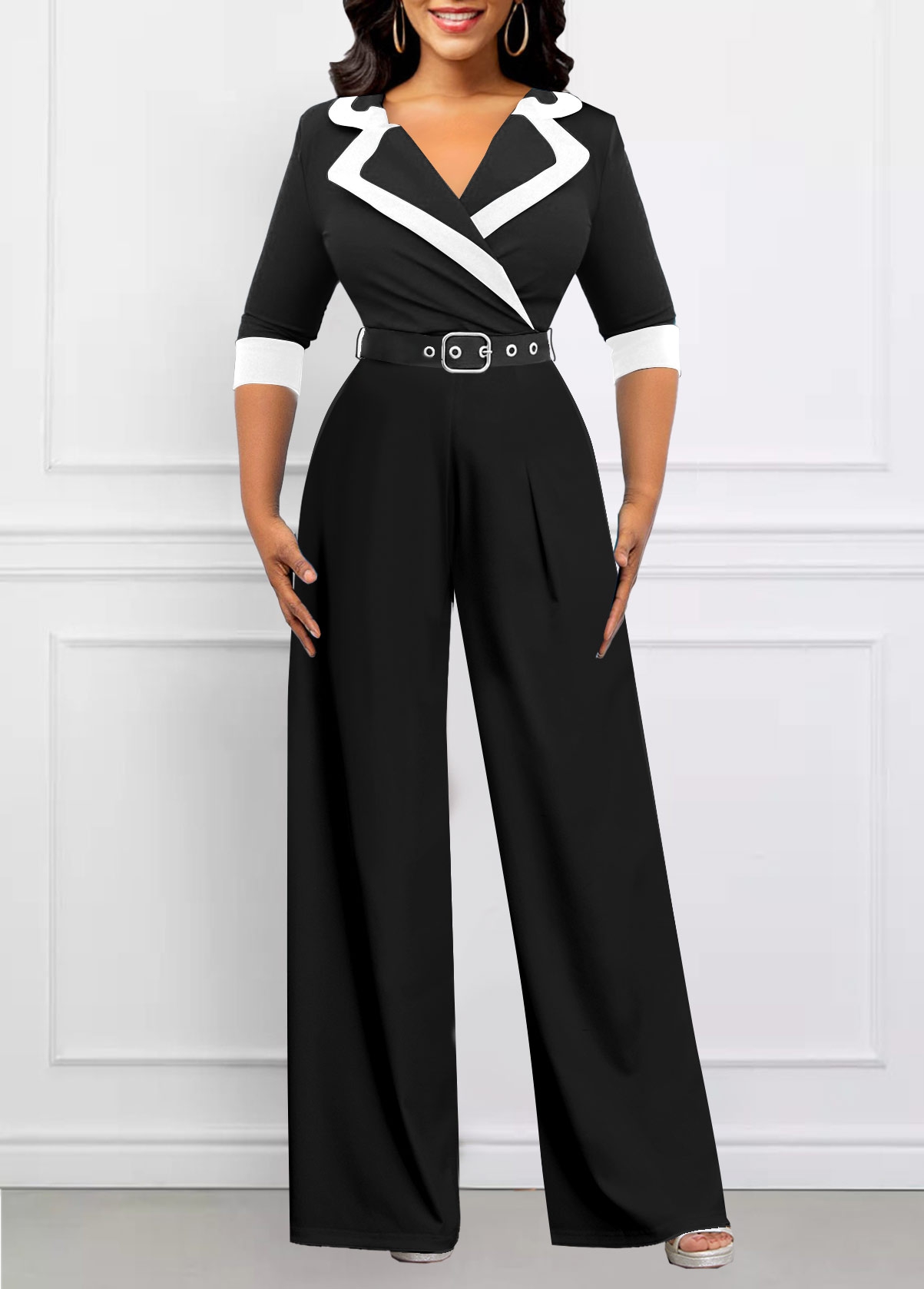 Lapel Patchwork Belted Black Long Jumpsuit