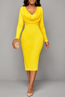 V Neck Split Yellow Long Sleeve Bodycon Dress