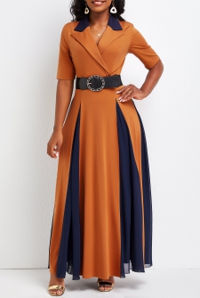 Patchwork Lapel Half Sleeve Brick Red Maxi Dress