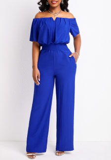 Smocked Royal Blue Long Off Shoulder Jumpsuit