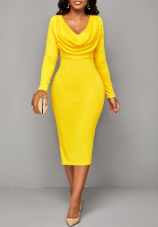 V Neck Split Yellow Long Sleeve Bodycon Dress