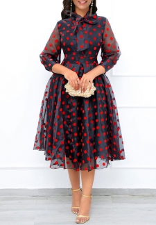 Polka Dot Bowknot Black Tie Collar Dress
