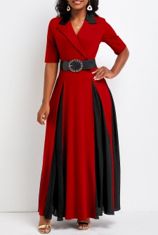 Patchwork Lapel Half Sleeve Red Maxi Dress