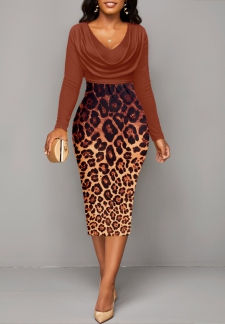 Leopard Patchwork Dark Coffee Draped Neck Bodycon Dress