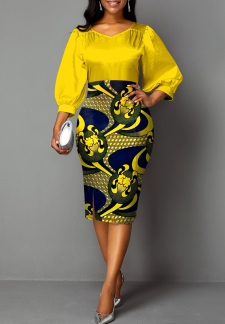 Tribal Print Patchwork Yellow Bodycon Neck Round Dress