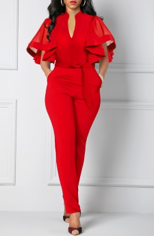 Ruffle Sleeve Solid Split Neck Jumpsuit