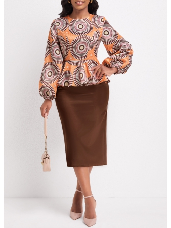 Tribal Print Patchwork Orange Round Neck Dress