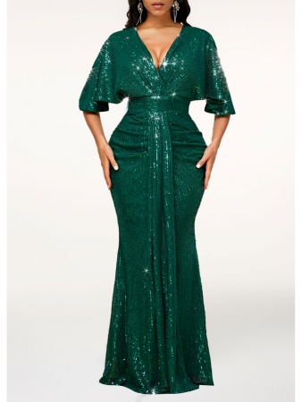 Sequin V Neck Blackish Green Maxi Bodycon Dress