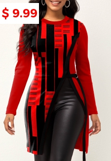 Geometric Print Split Red Round Neck T Shirt