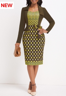 Argyle Print Patchwork Olive Green Bodycon Long Sleeve Dress