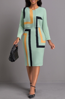 Geometric Print Two Piece Sage Green Dress and Cardigan