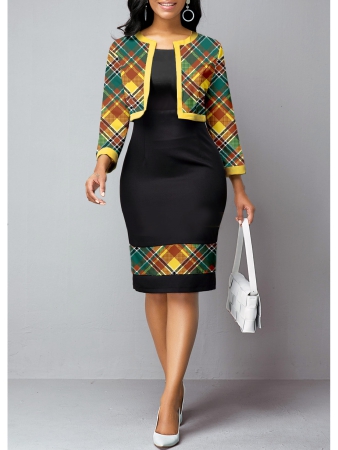 Plaid Patchwork Black Two Piece Suit Dress and Cardigan