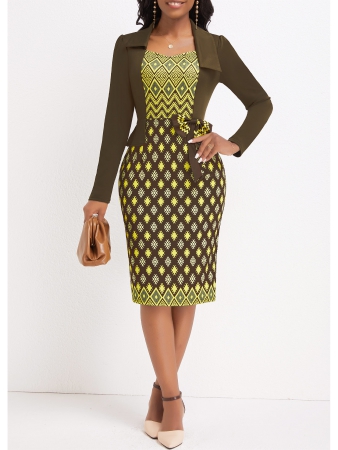 Argyle Print Patchwork Olive Green Bodycon Long Sleeve Dress