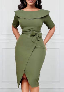 Belted Sage Green Sailor Collar Bodycon Dress