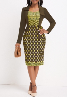 Argyle Print Patchwork Olive Green Bodycon Long Sleeve Dress