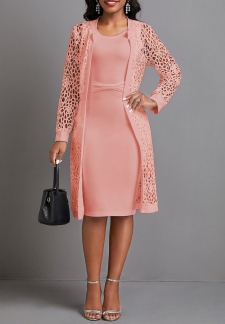 Round Neck Two Piece Pink Long Sleeve Dress and Cardigan