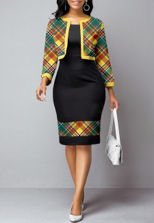 Plaid Patchwork Black Two Piece Suit Dress and Cardigan