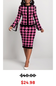 Houndstooth Print Two Piece Hot Pink Top and Skirt