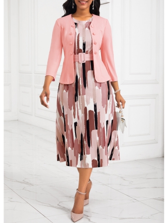 Two Piece Belted Pink Round Neck Dress and Cardigan
