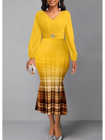 Plaid Yellow Long Sleeve V Neck Mermaid Dress