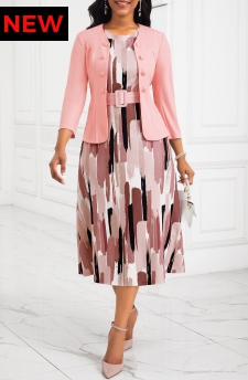 Two Piece Belted Pink Round Neck Dress and Cardigan