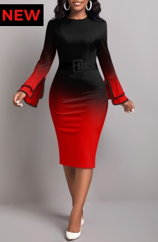 Ombre Contrast Binding Belted Red Bodycon Dress