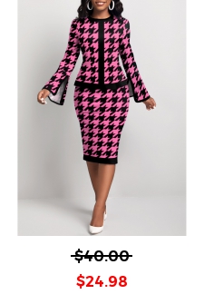 Houndstooth Print Two Piece Hot Pink Top and Skirt