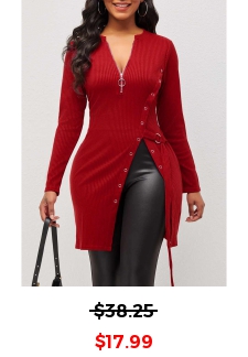 Red Quarter Zip Grommet Side Slit Blouse