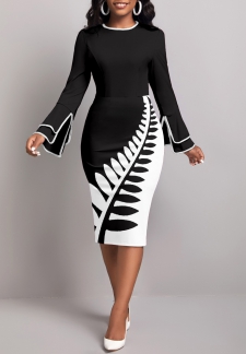 Leaf Print Split Black Long Sleeve Dress