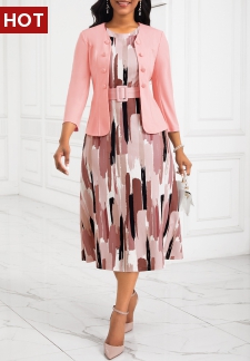Two Piece Belted Pink Round Neck Dress and Cardigan