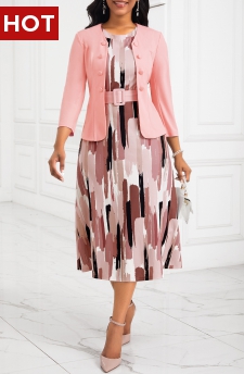 Two Piece Belted Pink Round Neck Dress and Cardigan