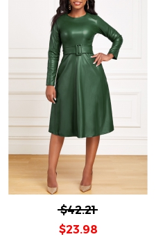 Belted Green Boat Neck Long Sleeve Dress