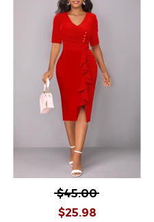 Ruffle V Neck Red Half Sleeve Bodycon Dress