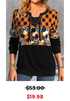 Halloween Pumpkin Print Patchwork Orange Lace Up Collar Sweatshirt