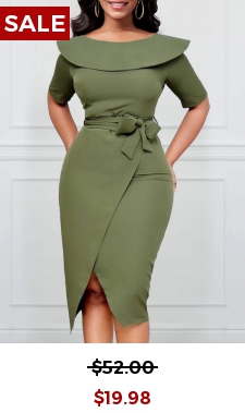 Belted Sage Green Sailor Collar Bodycon Dress